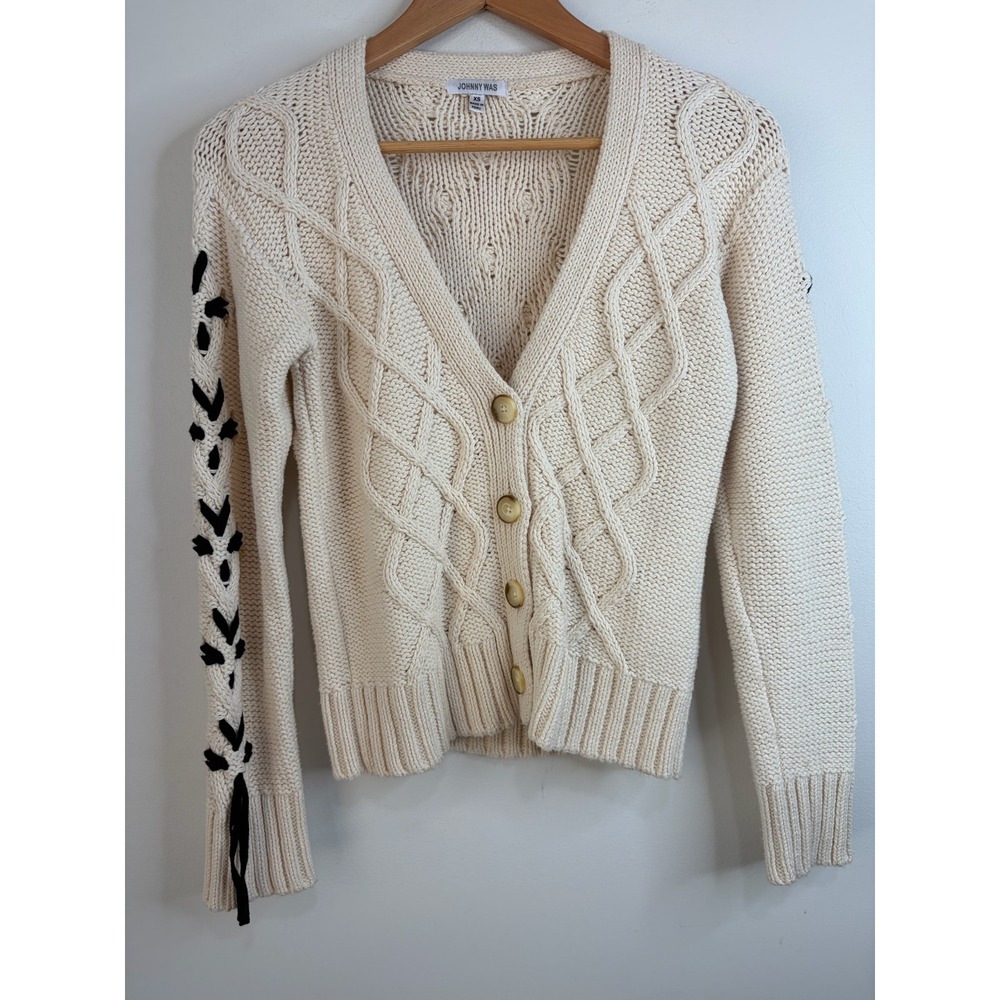 Johnny Was Cream Cable Knit Cardigan Sweater Womens XS Boho Preppy Coquette
